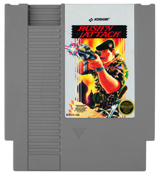 Rush'n Attack Complete in Box CIB Nintendo Entertainment System NES for retro video game enthusiasts featuring side scrolling action gameplay military commando missions fast paced combat challenging enemy soldiers cooperative style arcade action complete in box collectible gaming appeal cartrdige
