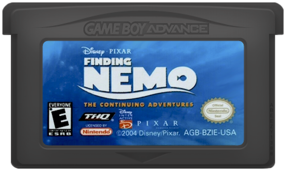 Disney Pixar Finding Nemo The Continuing Adventures for Game Boy Advance (GBA), cartridge for a retro video game featuring action-adventure gameplay, underwater exploration, character-based missions, puzzle-solving, and movie-inspired challenges