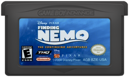 Disney Pixar Finding Nemo The Continuing Adventures for Game Boy Advance (GBA), cartridge for a retro video game featuring action-adventure gameplay, underwater exploration, character-based missions, puzzle-solving, and movie-inspired challenges