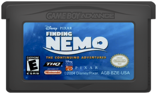 Disney Pixar Finding Nemo The Continuing Adventures for Game Boy Advance (GBA), cartridge for a retro video game featuring action-adventure gameplay, underwater exploration, character-based missions, puzzle-solving, and movie-inspired challenges