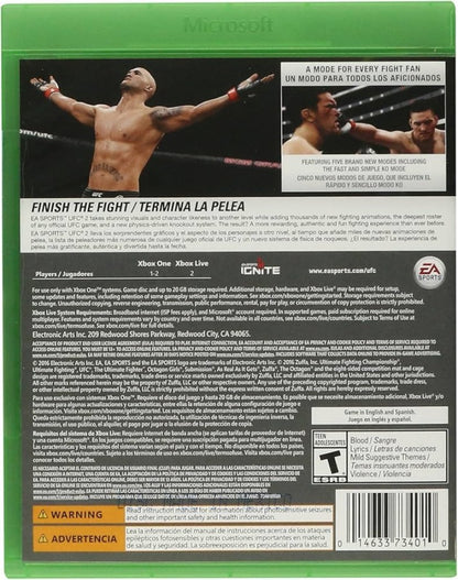 UFC 2 Xbox One video game, mixed martial arts fighting sports simulation, realistic UFC fighters and arenas, career and multiplayer modes back cover