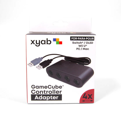 XYAB brand GameCube controller adapter compatible with PC, Wii U, and Nintendo Switch for connecting GameCube controllers to modern systems