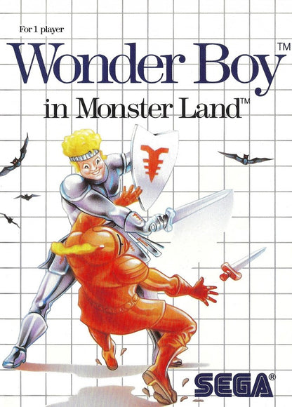 Wonder Boy in Monster Land Sega Master System SMS for action platforming role playing video game fans featuring side scrolling adventure monster battles fantasy environments weapon upgrades armor equipment shops challenging bosses exploration and classic Sega Master System gameplay collectible retro gaming appeal front cover art