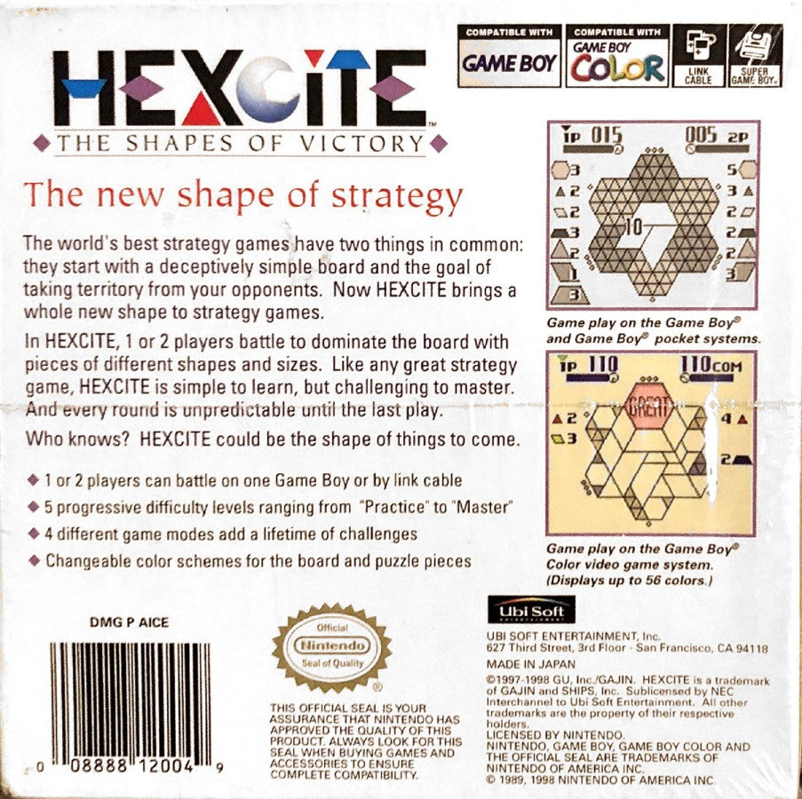 Hexcite Nintendo Game Boy Color GBC for puzzle retro video game fans featuring hexagonal tile matching strategic gameplay brain teasing challenges addictive puzzle mechanics fast paced scoring classic handheld gaming collectible gaming appeal back of box