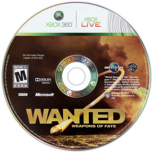 Wanted: Weapons of Fate for Xbox 360 third person action shooter video game featuring bullet time mechanics cinematic gunplay comic book inspired storytelling and high intensity revenge driven gameplay experience disc