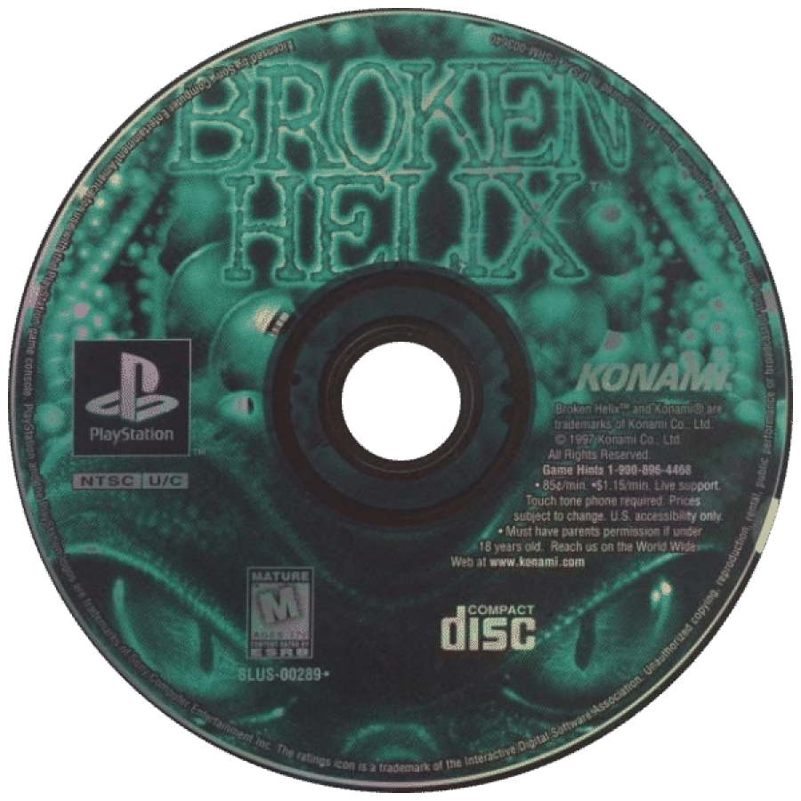 Broken Helix PlayStation 1 third-person action sci-fi horror video game Konami maximum security prison setting mutants creatures Bruce convict protagonist weapon combat exploration mutant DNA powers disc art