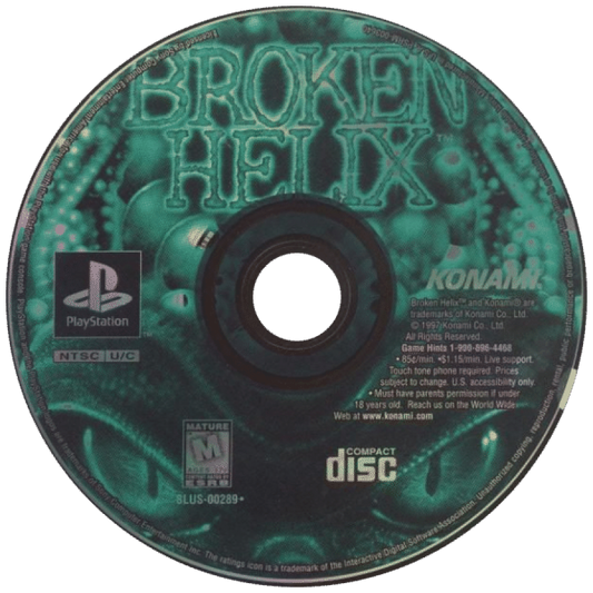 Broken Helix PlayStation 1 third-person action sci-fi horror video game Konami maximum security prison setting mutants creatures Bruce convict protagonist weapon combat exploration mutant DNA powers disc art