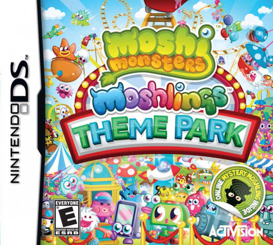 Moshi Monsters Moshlings Theme Park Nintendo DS video game, theme park management gameplay, colorful cartoon adventure, family-friendly handheld console title front cover