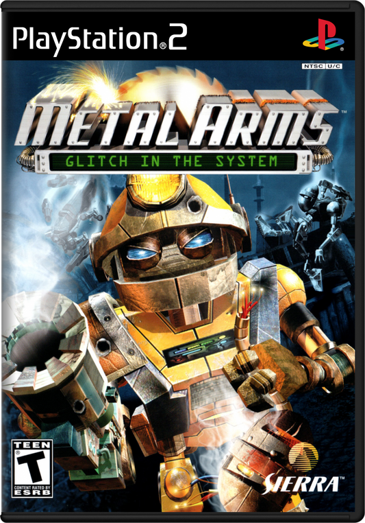 Metal Arms Glitch in the System PS2 Sony PlayStation 2 third person shooter sci fi robot combat action platforming weapons upgrade system humor filled story multiplayer modes Swingin Ape Studios retro gaming PlayStation 2 software video game title cover art