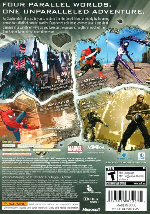 Spider-Man: Shattered Dimensions back of case for Xbox 360 (X360) action-adventure superhero video game