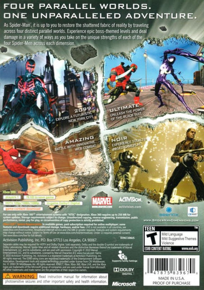 Spider-Man: Shattered Dimensions back of case for Xbox 360 (X360) action-adventure superhero video game