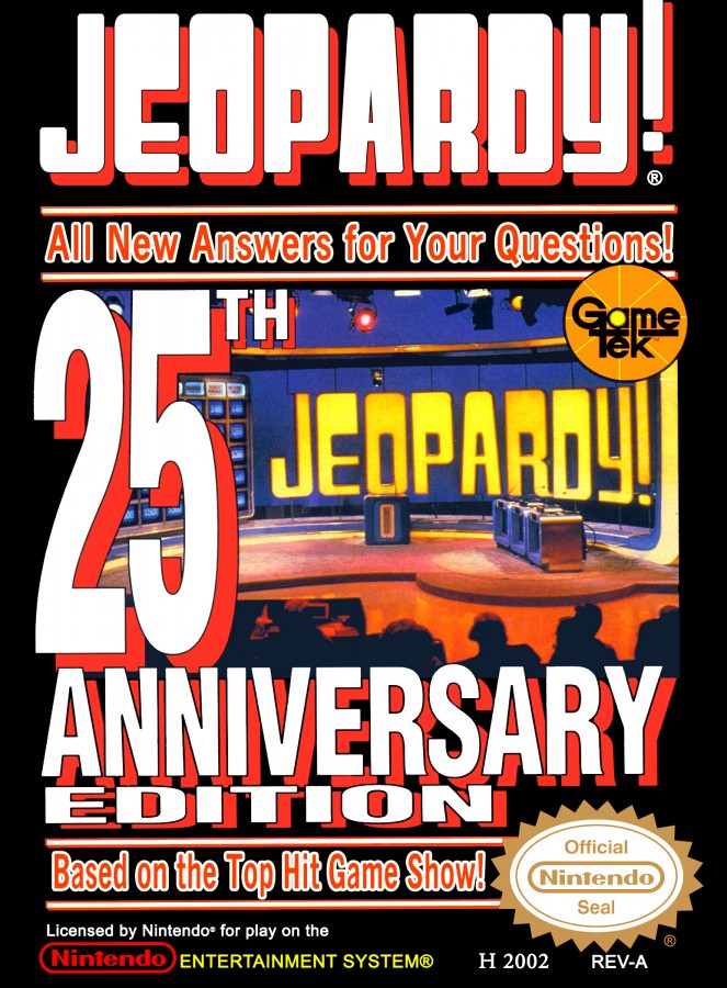 Jeopardy 25th Anniversary Edition retro NES video game Jeopardy trivia game show quiz competition multiplayer knowledge based gameplay classic console title Nintendo Entertainment System release cover art