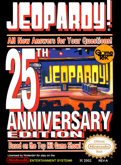 Jeopardy 25th Anniversary Edition retro NES video game Jeopardy trivia game show quiz competition multiplayer knowledge based gameplay classic console title Nintendo Entertainment System release cover art