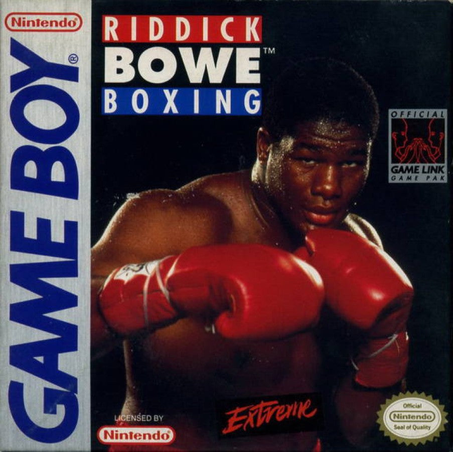 Riddick Bowe Boxing Nintendo Game Boy GB video game featuring boxing sports gameplay professional heavyweight boxing matches Riddick Bowe fighter character punch combinations defensive blocking dodging counterattacks knockout challenges championship bouts and classic Nintendo handheld sports gaming retro video game collection collectible gaming appeal front cover art