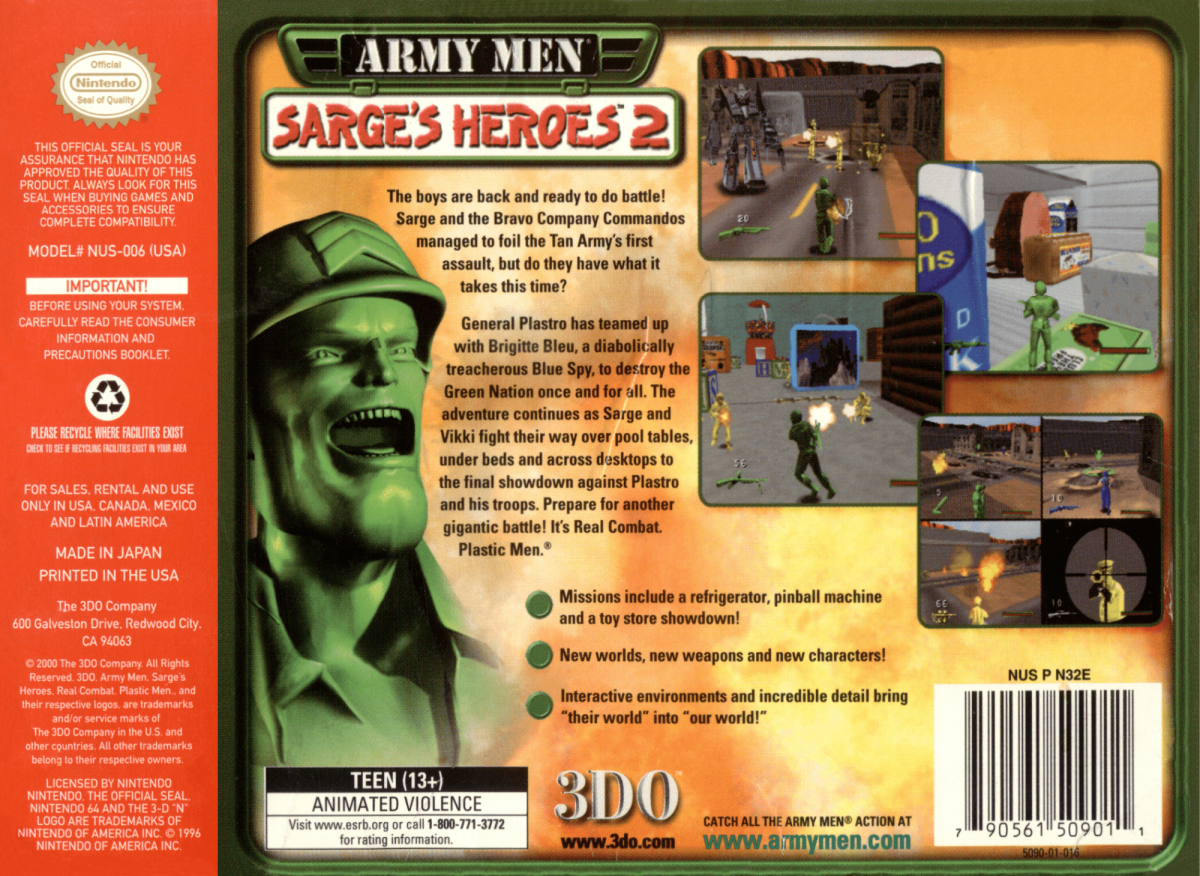 Army Men: Sarge's Heroes 2 [Green Cart] back cover art for Nintendo 64 (N64) video game