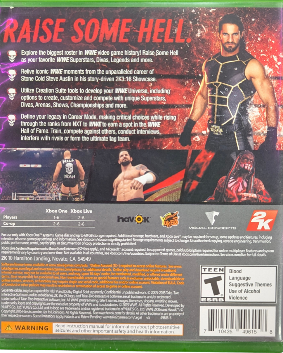 WWE 2K16 Xbox One video game, professional wrestling sports simulation, WWE superstars and legends, career and showcase modes, console title back cover