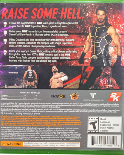 WWE 2K16 Xbox One video game, professional wrestling sports simulation, WWE superstars and legends, career and showcase modes, console title back cover