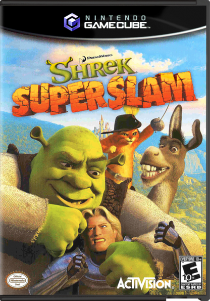 Shrek SuperSlam cover art for Nintendo GameCube (GC) multiplayer fighting video game