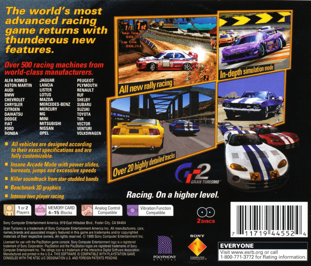 Gran Turismo 2 back of case for PlayStation 1 (PS1) retro racing video game