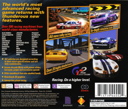 Gran Turismo 2 back of case for PlayStation 1 (PS1) retro racing video game