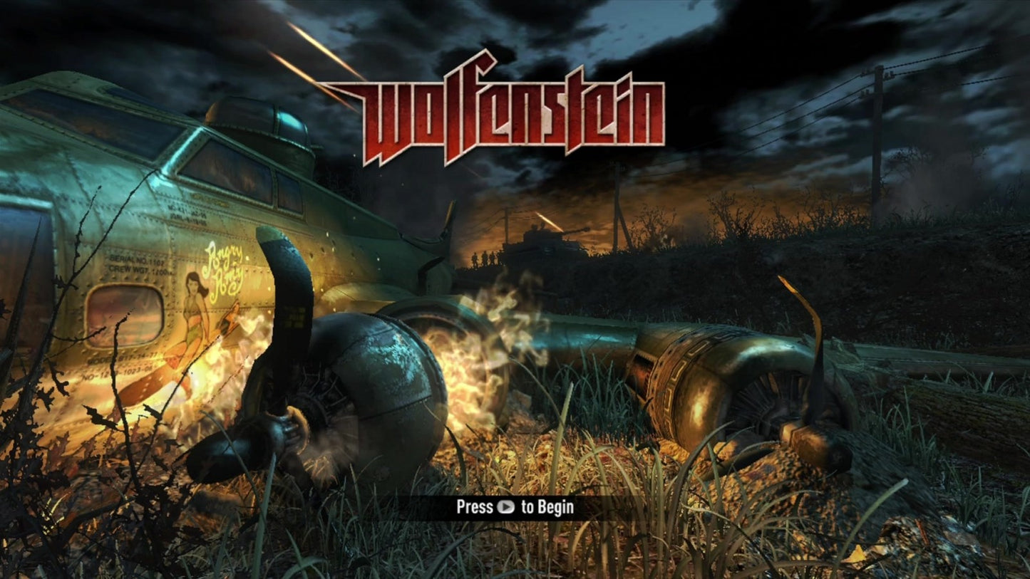 Wolfenstein start screen for Xbox 360 (X360) sci-fi first-person shooter video game