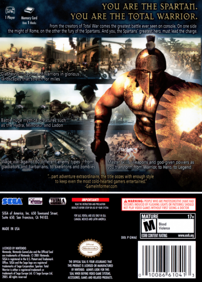 Spartan Total Warrior GameCube game featuring large-scale hack-and-slash combat and ancient warfare action gameplay back cover