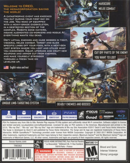 The Surge – PlayStation 4 (PS4) sci-fi action RPG video game back of case