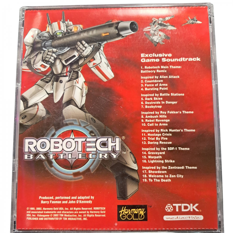 Robotech Battlecry Limited Edition Complete in Box PlayStation 2 PS2 for retro video game enthusiasts featuring sci fi action gameplay transforming mecha combat aerial dogfights story driven missions anime inspired warfare futuristic weapon systems complete in box collector presentation and collectible gaming appeal soundtrack back cover art 