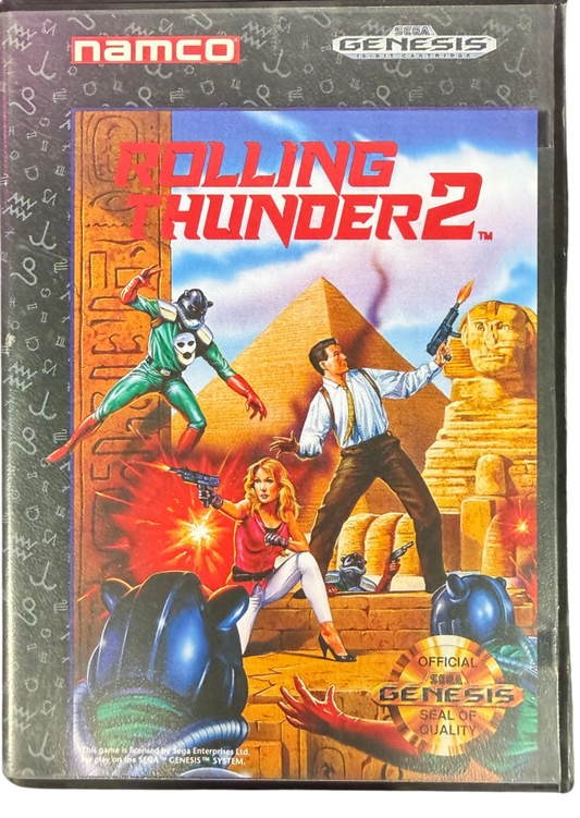 Rolling Thunder 2 Sega Genesis GEN for side scrolling action video game fans featuring fast paced run and gun combat enemy soldiers challenging stages powerful weapons arcade style action cooperative multiplayer gameplay and classic Namco arcade entertainment collectible retro Genesis gaming appeal cover art