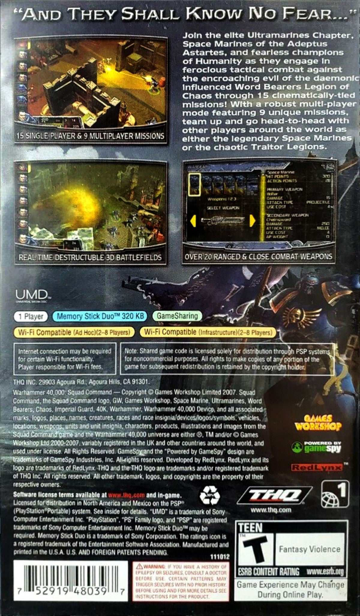 Warhammer 40000 Squad Command PSP inspired design featuring tactical strategy warfare aesthetic elite Space Marine squads turn based battlefield combat futuristic military action grimdark sci fi setting strategic mission planning and immersive Warhammer gameplay presentation back cover art