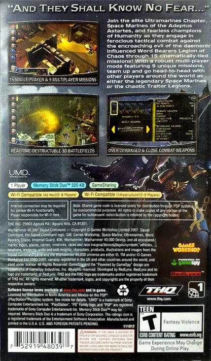 Warhammer 40000 Squad Command PSP inspired design featuring tactical strategy warfare aesthetic elite Space Marine squads turn based battlefield combat futuristic military action grimdark sci fi setting strategic mission planning and immersive Warhammer gameplay presentation back cover art