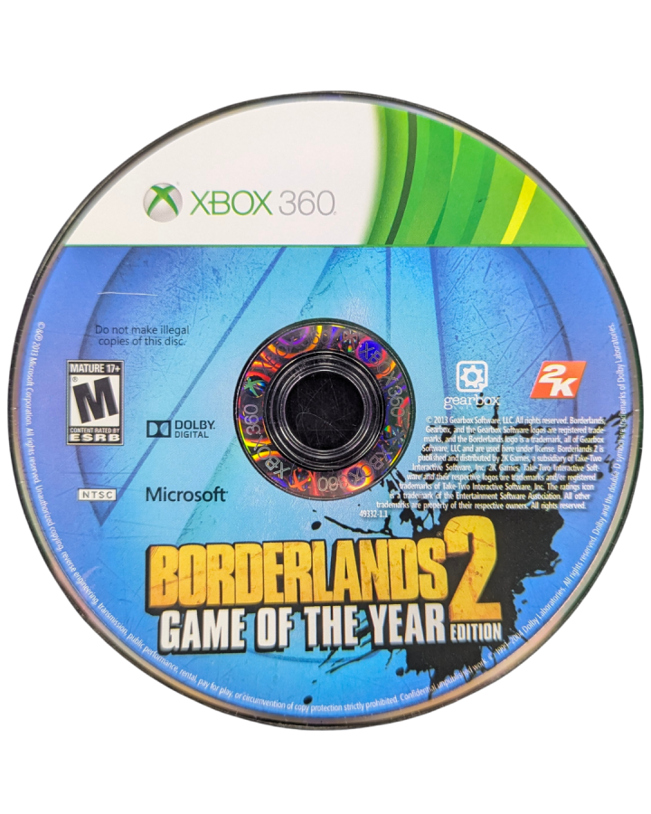 Borderlands 2 Game of the Year GOTY Edition Xbox 360 first-person shooter looter-shooter RPG with co-op gameplay cel-shaded art style vault hunting and extensive DLC content disc 1