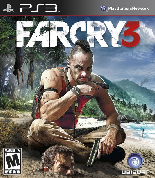 Far Cry 3 for PlayStation 3 (PS3) featuring a gritty open-world shooter where you play as Jason Brody, fighting to rescue your friends from a lawless tropical island ruled by the psychotic Vaas Montenegro; hunt dangerous wildlife, liberate enemy outposts, and master stealth or explosive combat in a journey through the "Rook Islands" that defines the modern action-adventure genre front cover