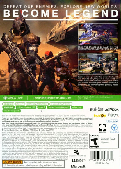 Destiny back of case for Xbox 360 (X360) sci-fi first-person shooter MMO video game