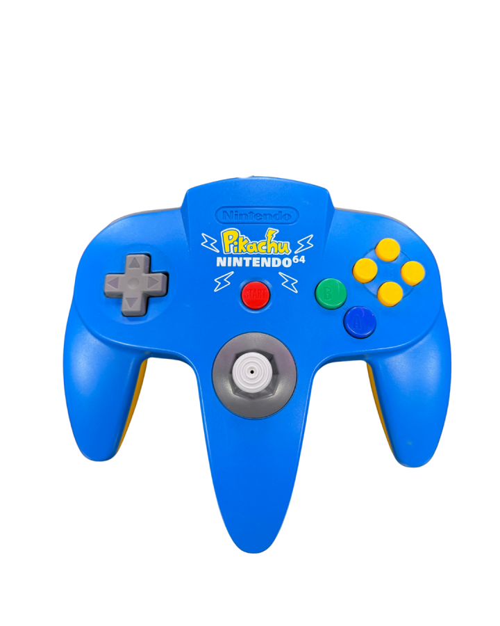 Pikachu Nintendo 64 Console Japanese model Nintendo 64 console with blue Pikachu shell Pokémon edition collectible retro gaming system top view of limited edition pikachu controller