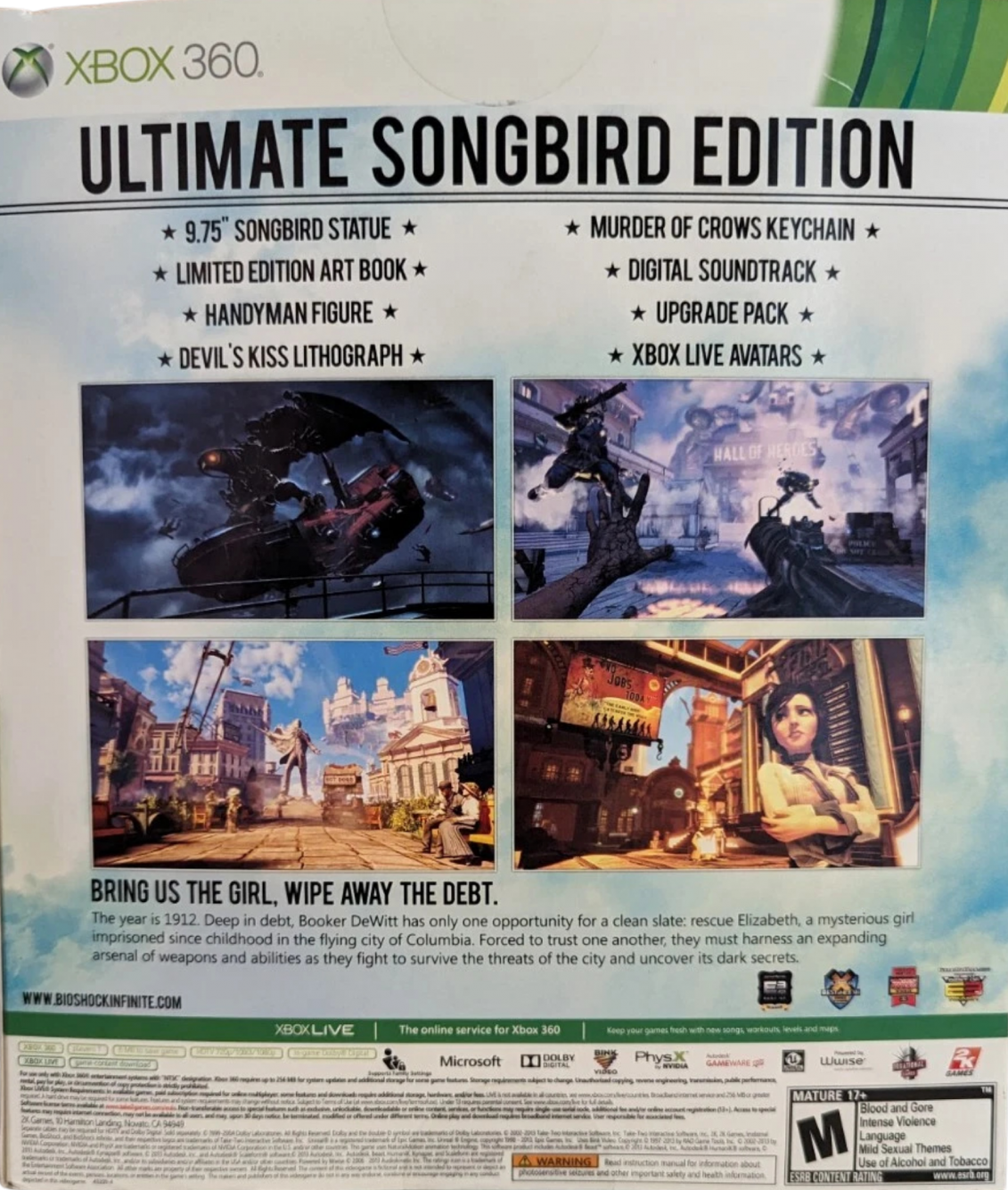 BioShock Infinite Ultimate Songbird Edition Xbox 360 inspired design featuring steampunk sci fi action adventure aesthetic floating city exploration alternate history storytelling powerful Songbird guardian cinematic combat immersive first person gameplay collector edition presentation big box back