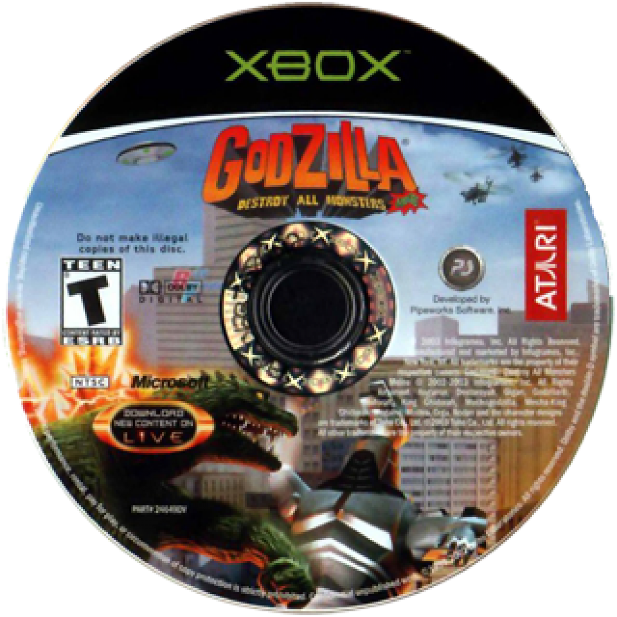Godzilla Destroy All Monsters Melee game featuring arena fighting gameplay with giant kaiju battles destructible cities and multiplayer combat as iconic Godzilla monsters clash in arcade style action disc
