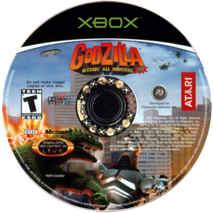 Godzilla Destroy All Monsters Melee game featuring arena fighting gameplay with giant kaiju battles destructible cities and multiplayer combat as iconic Godzilla monsters clash in arcade style action disc