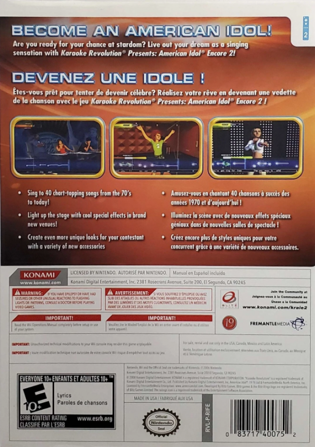 Karaoke Revolution: American Idol Encore 2 – Nintendo Wii (Wii) karaoke rhythm music video game back of case