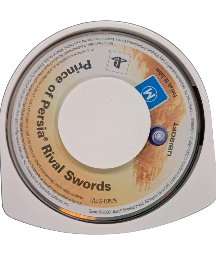 Prince of Persia Rival Swords PSP Essentials PAL Import PlayStation Portable inspired design featuring action adventure platforming aesthetic acrobatic parkour movement time manipulation powers sword combat ancient Persian environments cinematic storytelling and classic handheld adventure gameplay presentation UMD