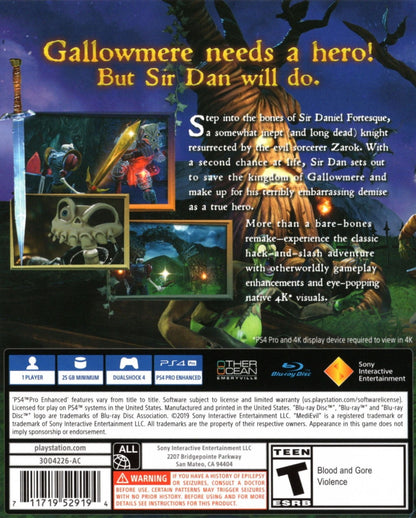 MediEvil game for the PlayStation 4 featuring action adventure gameplay with hack and slash combat puzzle solving and a gothic fantasy setting as Sir Daniel Fortesque battles undead enemies in a remade version of the classic PlayStation title back cover