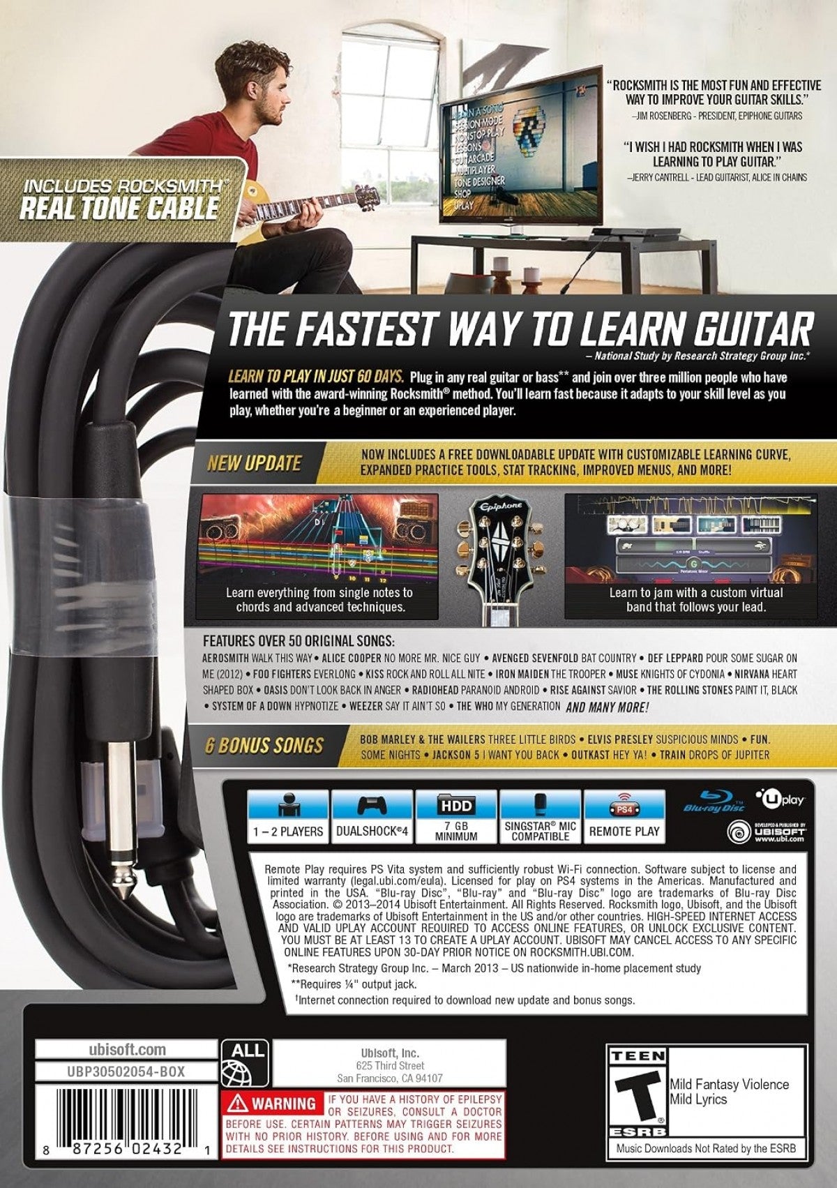Rocksmith 2014 Edition Remastered PlayStation 4 PS4 for music rhythm video game fans featuring real guitar and bass gameplay interactive lessons song practice note detection skill progression customizable difficulty effects and authentic rock music training collectible gaming appeal back cover art