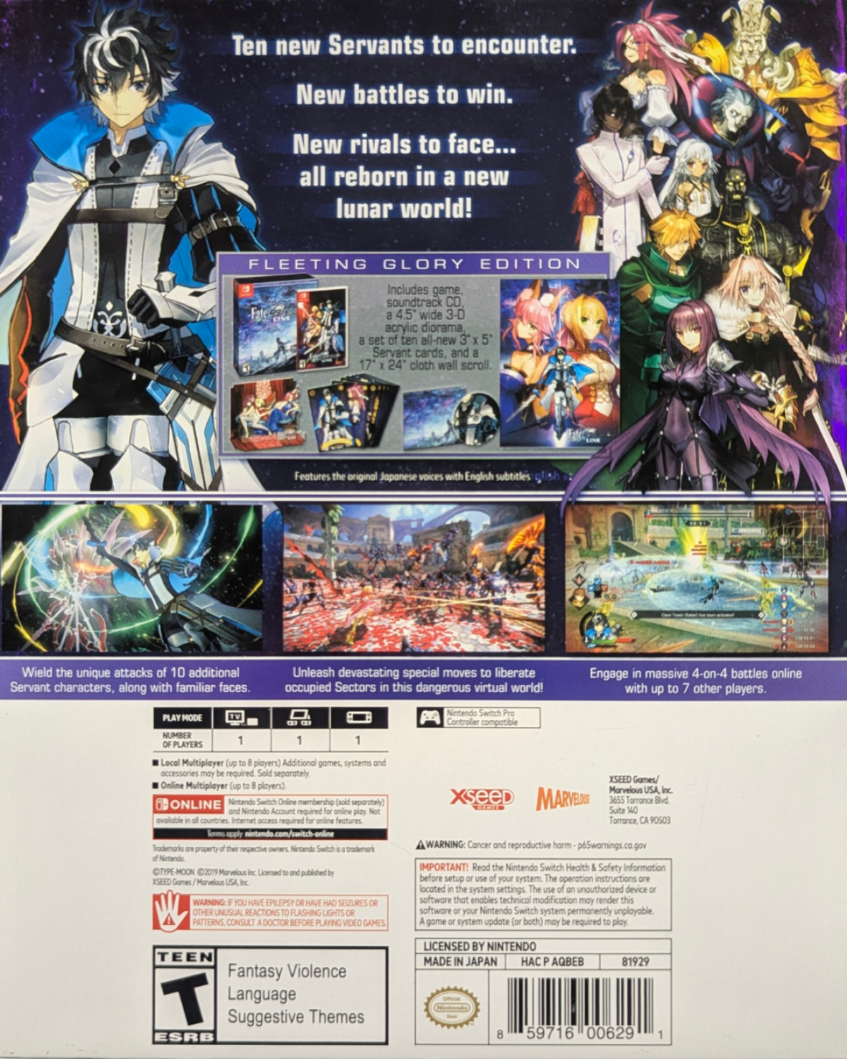 Fate/EXTELLA Link Fleeting Glory Edition CIB Nintendo Switch video game, action RPG, musou-style combat, Fate series collector’s edition, console title back cover