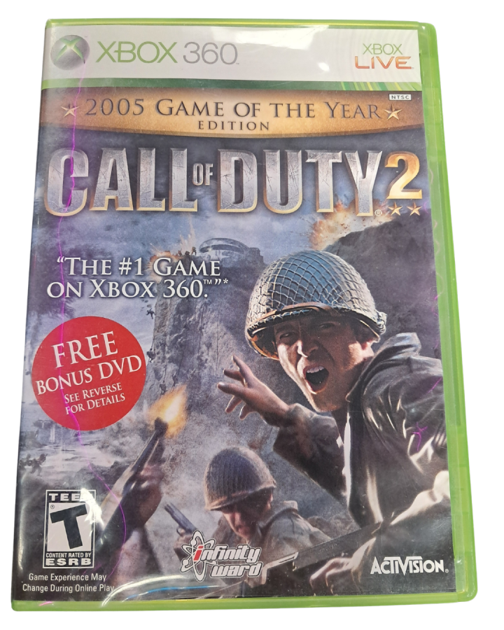 Call of Duty 2 Game of the Year Edition Xbox 360 game featuring World War II first person shooter campaign intense infantry combat authentic historical battles enhanced graphics and multiplayer modes by Infinity Ward cover art
