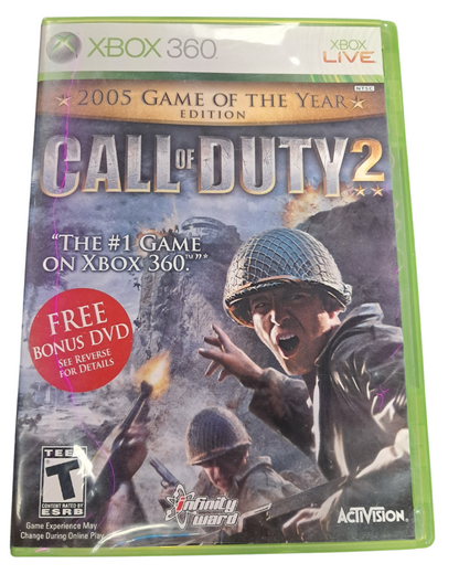 Call of Duty 2 Game of the Year Edition Xbox 360 game featuring World War II first person shooter campaign intense infantry combat authentic historical battles enhanced graphics and multiplayer modes by Infinity Ward cover art