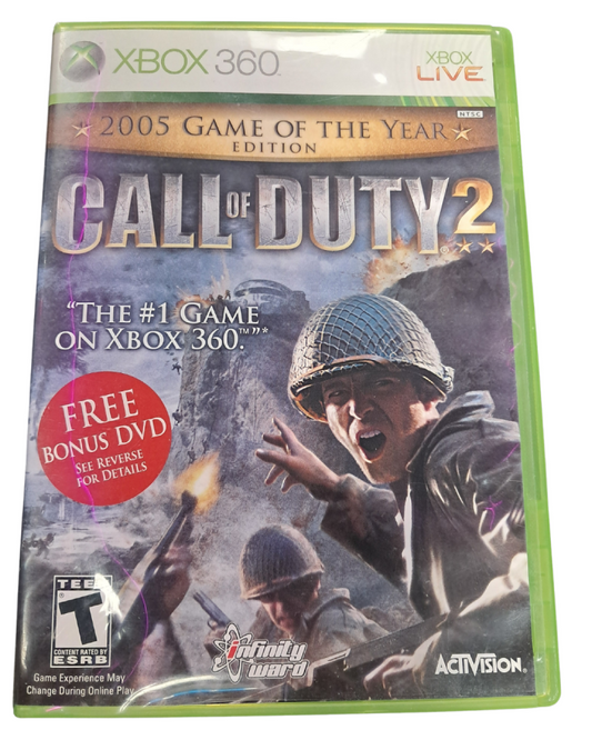 Call of Duty 2 Game of the Year Edition Xbox 360 game featuring World War II first person shooter campaign intense infantry combat authentic historical battles enhanced graphics and multiplayer modes by Infinity Ward cover art