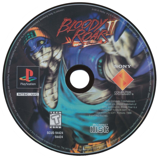 Bloody Roar 2 Sony PlayStation PS1 video game featuring 3D fighting gameplay beast transformation combat animal characters special attacks combo battles arcade action competitive matches and classic 32 bit PlayStation gameplay retro video game collection collectible gaming appeal disc