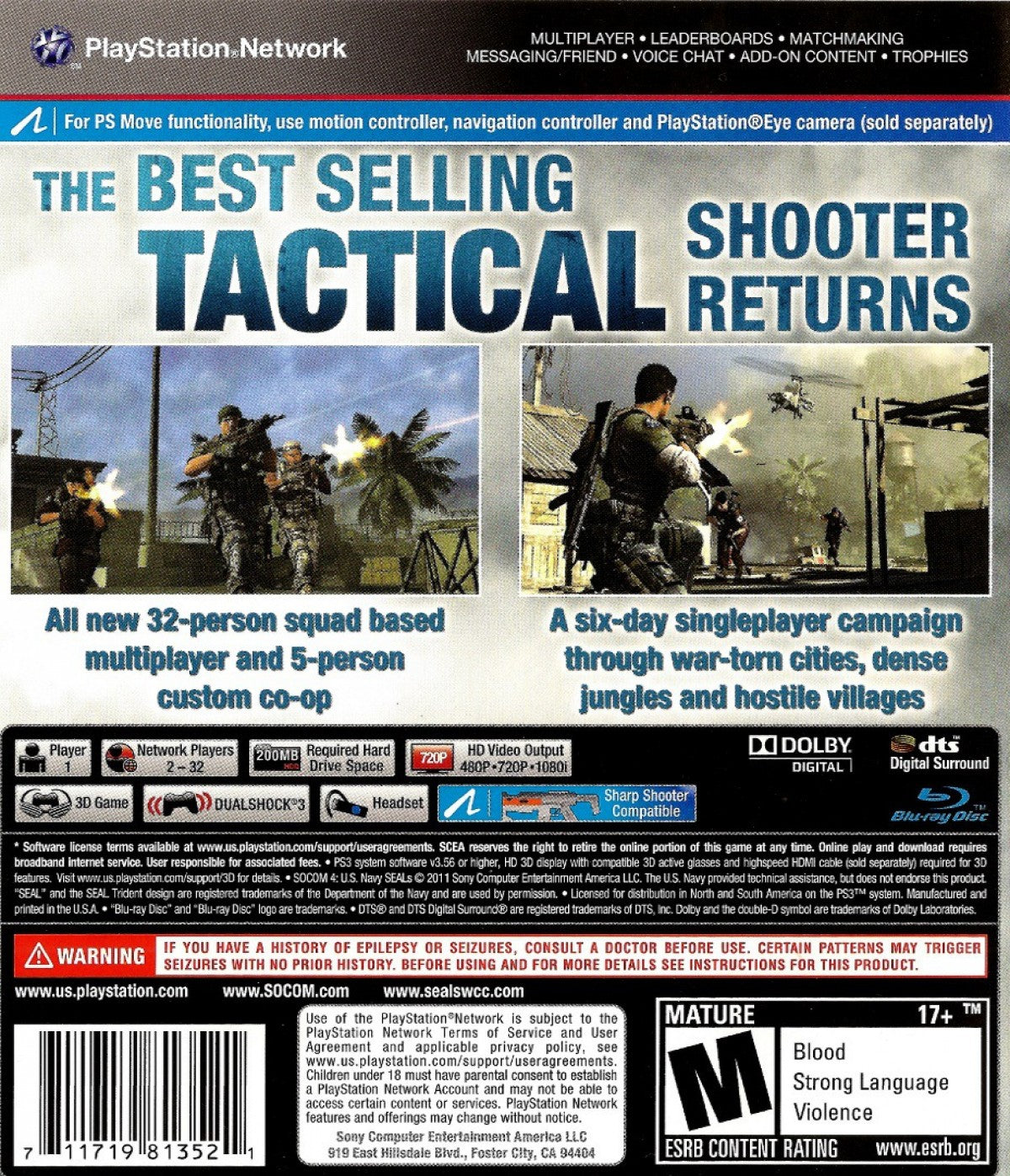 SOCOM 4 U.S. Navy SEALs PlayStation 3 PS3 video game, tactical shooter, military action, multiplayer gameplay, Sony console title back cover