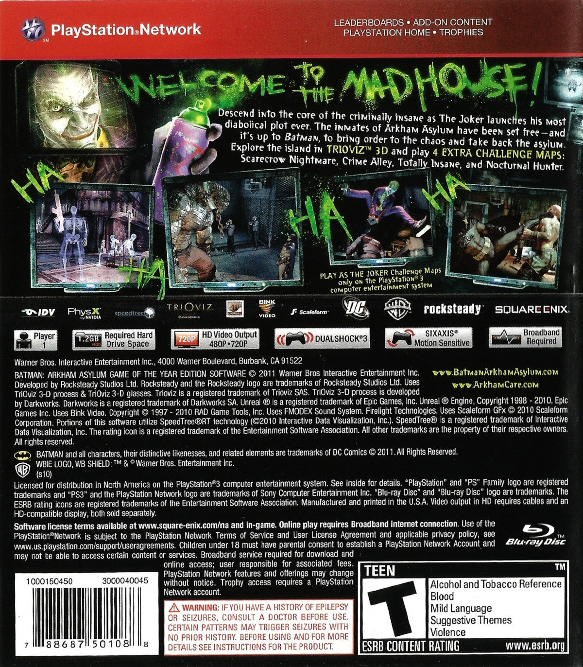 Batman: Arkham Asylum Greatest Hits Game of the Year Edition PS3 action superhero adventure game for PlayStation 3 back cover