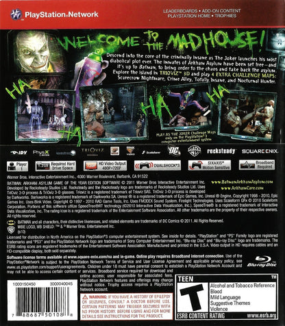 Batman: Arkham Asylum Greatest Hits Game of the Year Edition PS3 action superhero adventure game for PlayStation 3 back cover